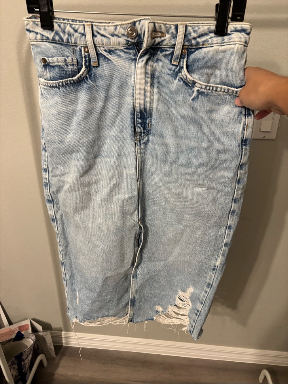 Zara Wash Distressed Denim Midi Skirt